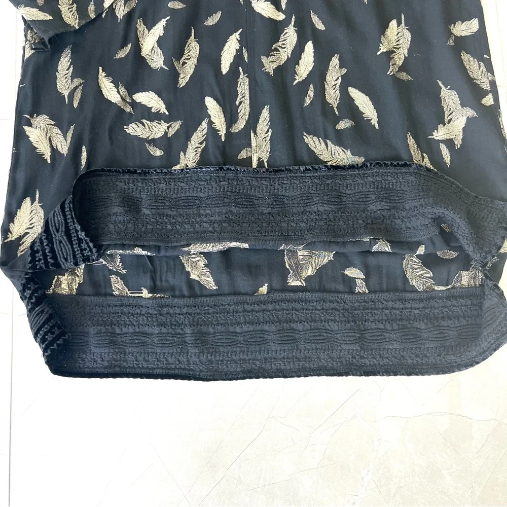 JOHNNY WAS Workshop Black Metallic Gold Feathers Embroidered Hem Mini Dress Sz L - Picture 13 of 16
